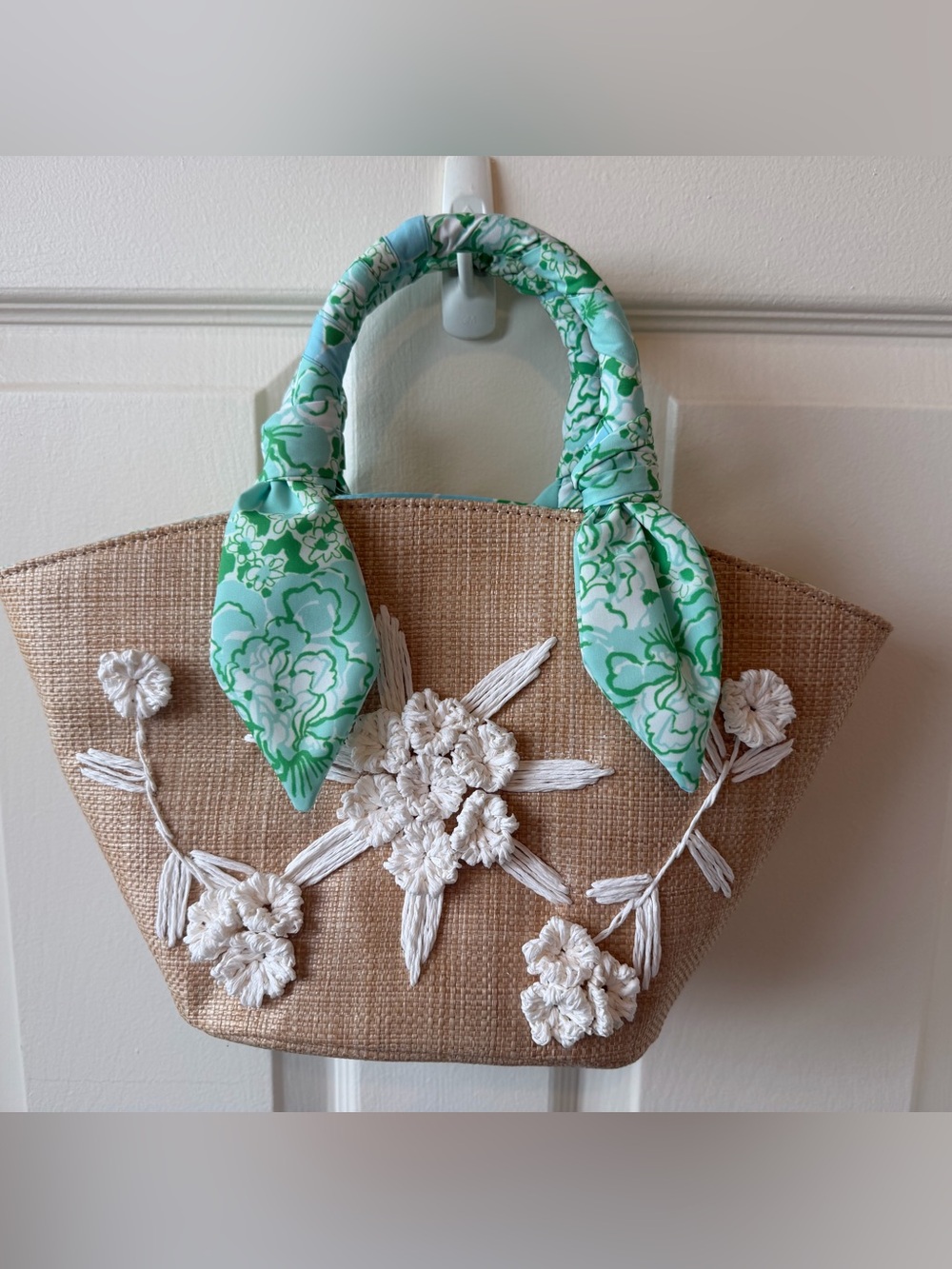 Lily Pulitzer Woven Straw Tote with Green Floral Scarf-Handle